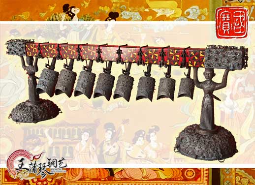 8件古編鐘，銅人銅座裝飾，可發(fā)音